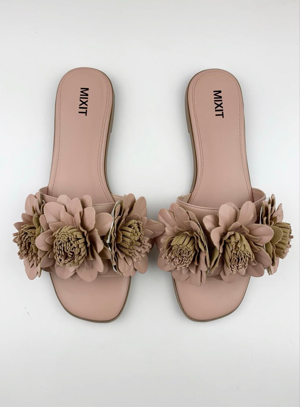 New Mix It Kiki Sandals Pink Flower Embellished Slides Faux Leather Women's 10
